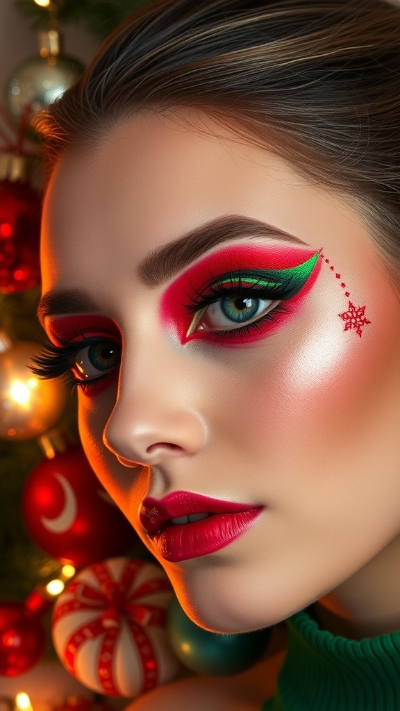 Festive Christmas graphic liner makeup with bold colors and intricate designs.